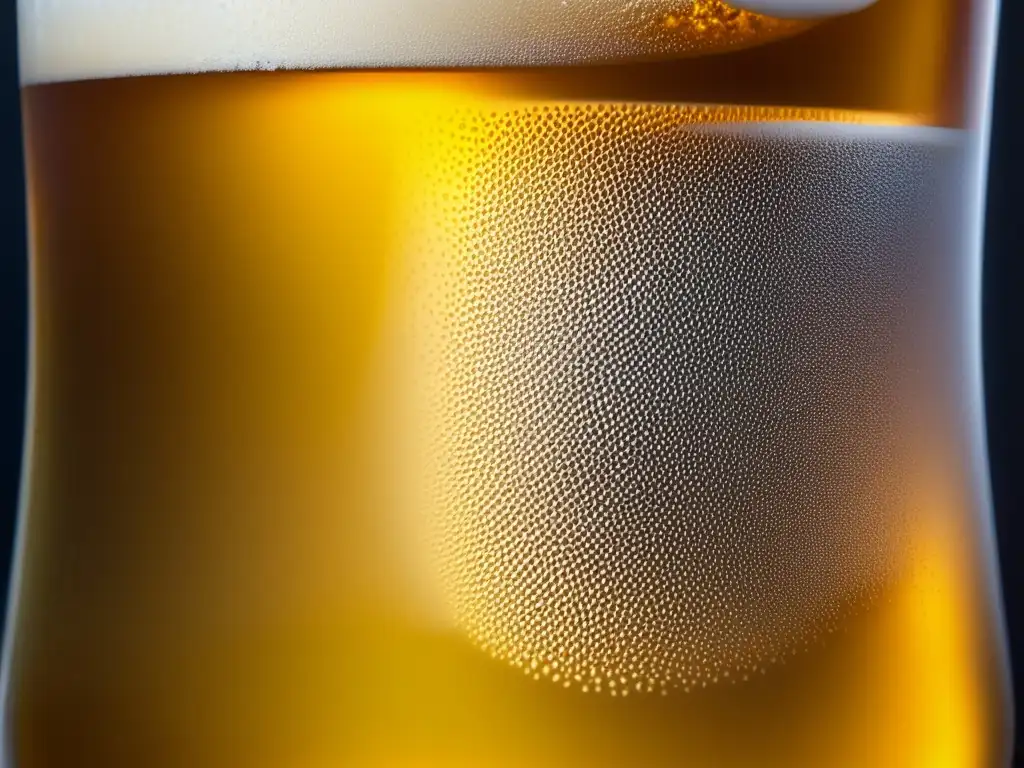 Cerveza dorada en vaso helado Un exquisito vaso de cerveza dorada, burbujeante y con condensación, que invita a explorar los sabores y aromas de los Podcasts Cerveceros