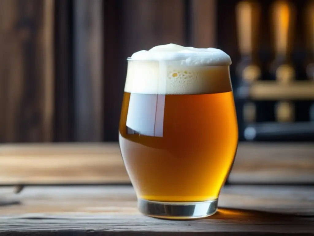 Cerveza dorada en vaso de cristal Golden Ale en vaso de vidrio en mesa de madera rustica