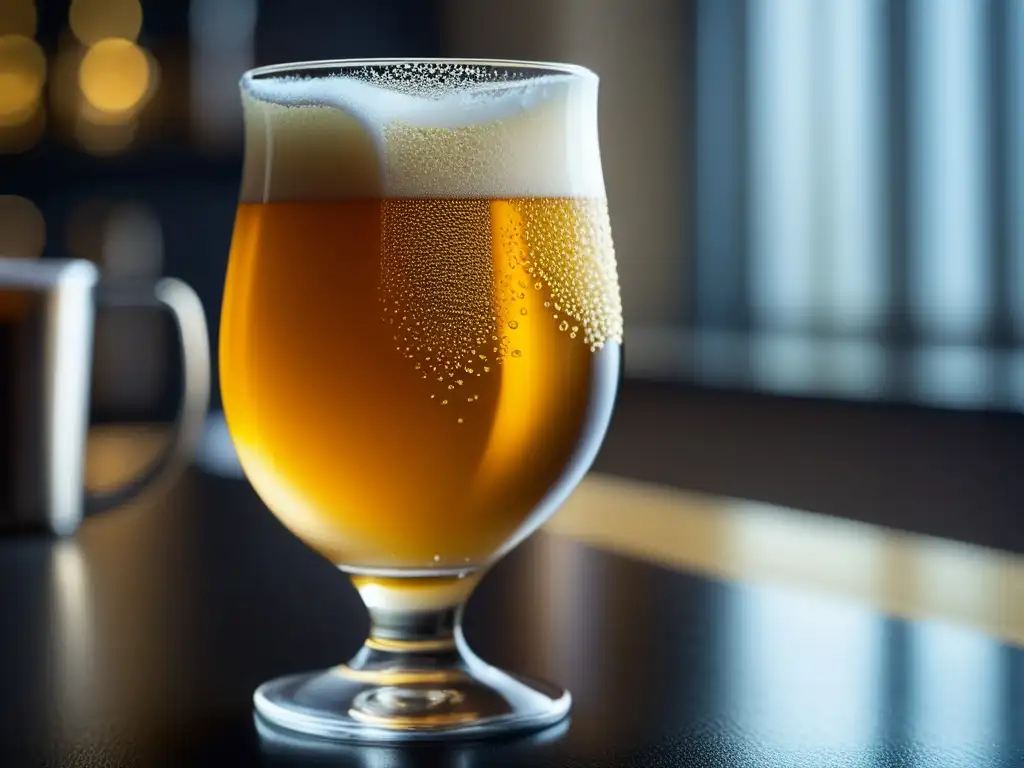 Copa de cerveza dorada con burbujas y condensación