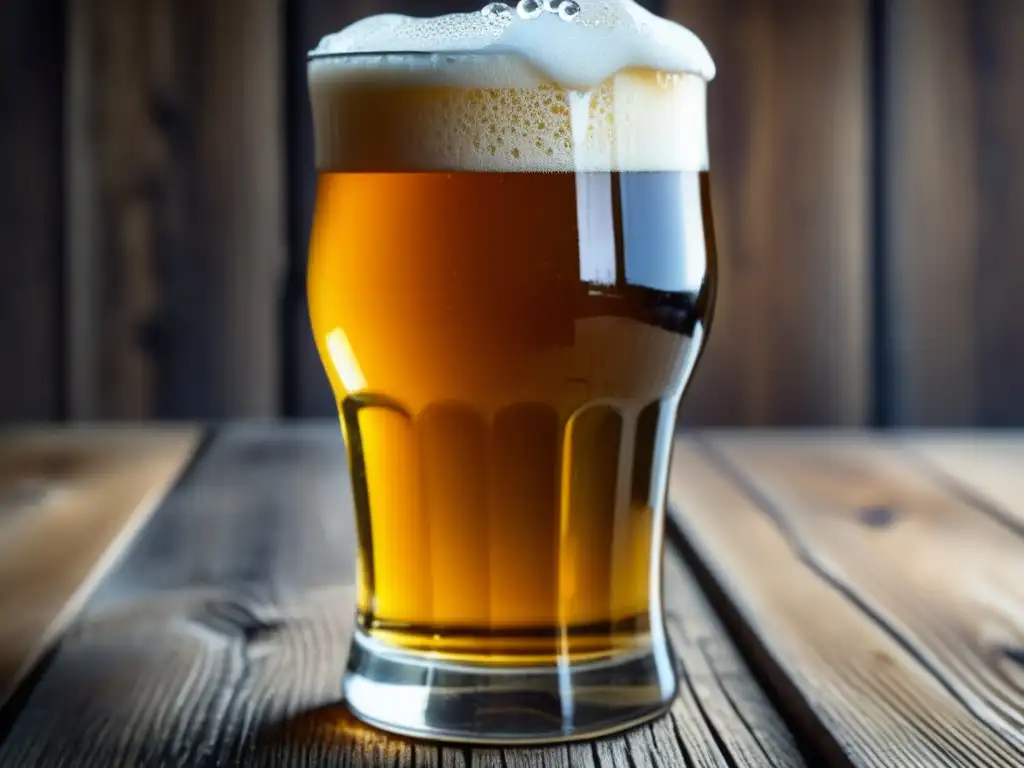 Cerveza dorada en vaso de cristal Detallada imagen de una cerveza dorada con burbujas y condensación en un vaso de cristal en una mesa de madera rústica - perfil de agua