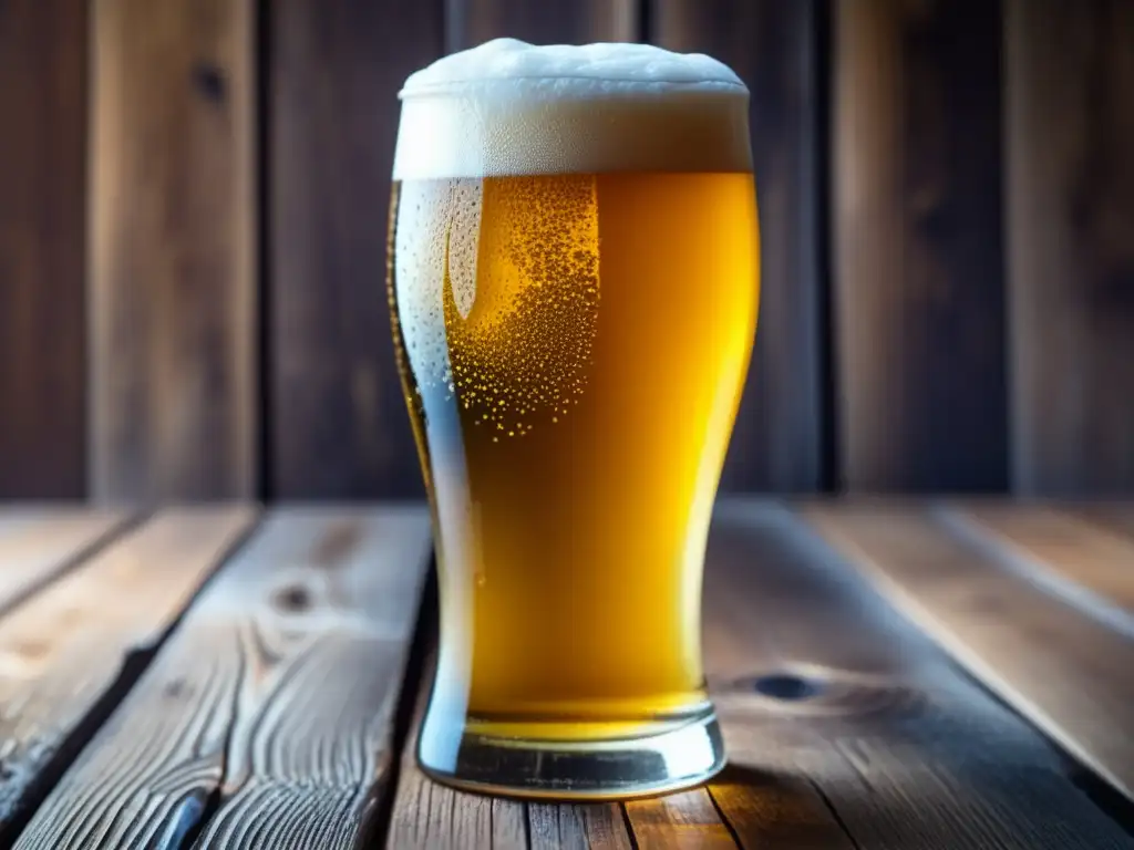 Cerveza dorada con burbujas y gotas de condensación en vaso de madera