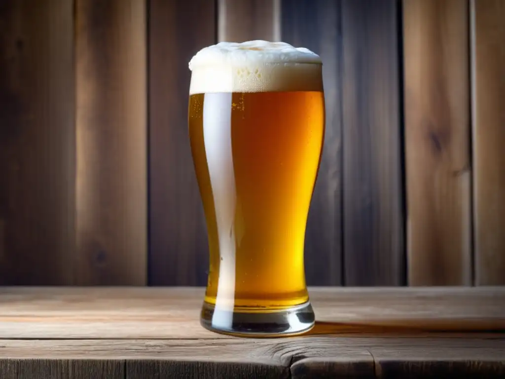 Detallada imagen de una refrescante Golden Ale en vaso, sobre mesa de madera rústica