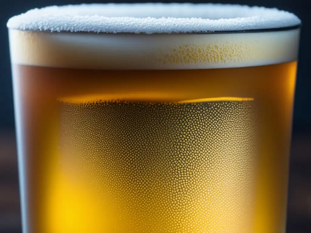 Cerveza ácida dorada con espuma cremosa Cervezas Ácidas: Vidrio de cerveza dorada con espuma cremosa y burbujas efervescentes