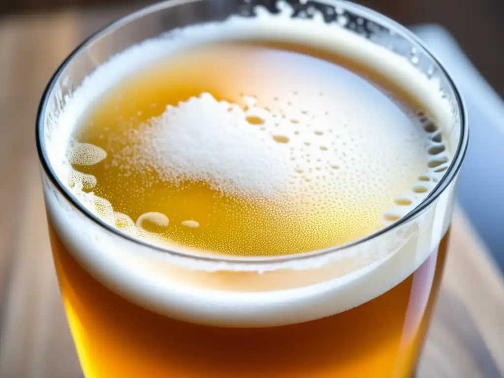 Cerveza dorada con burbujas y espuma blanca Cerveza Sorachi Ace Farmhouse Ale dorada con burbujas y detalles rústicos