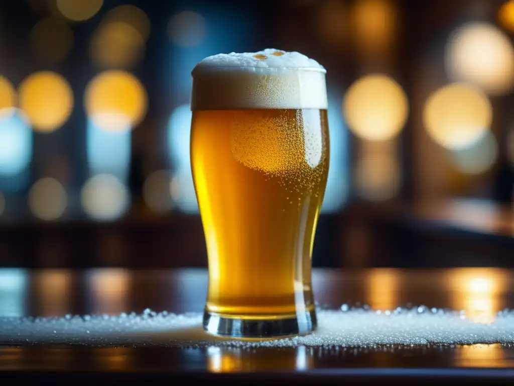 Copa de cerveza dorada en bar de madera con burbujas reflejando luces: club cerveza México