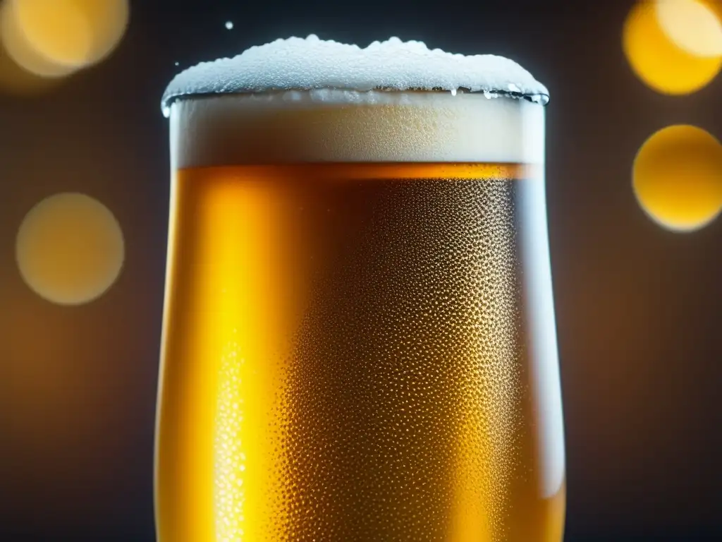 Cerveza dorada y burbujeante en vaso helado Cerveza dorada y burbujeante en vaso de cristal con condensación y detalles artísticos - Ruta por Israel