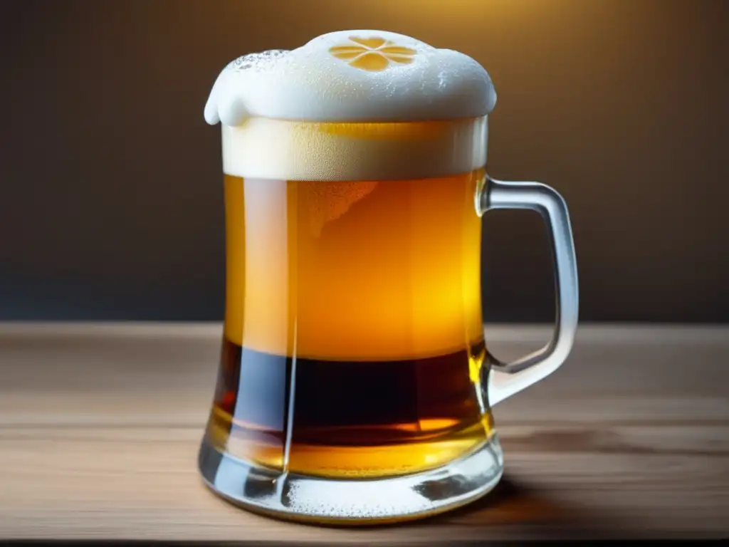 Cerveza dorada con espuma cremosa La Regla del Tercer Sorbo: Cerveza dorada con espuma cremosa y detalles macro