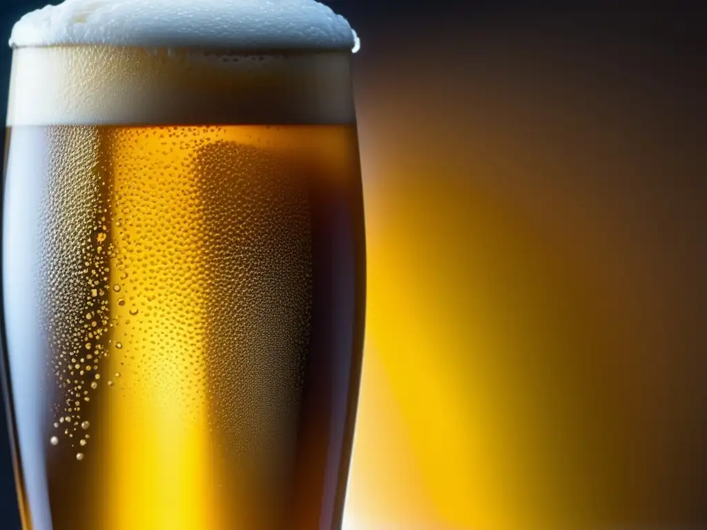 Cerveza dorada y efervescente en vaso, condensación fresca