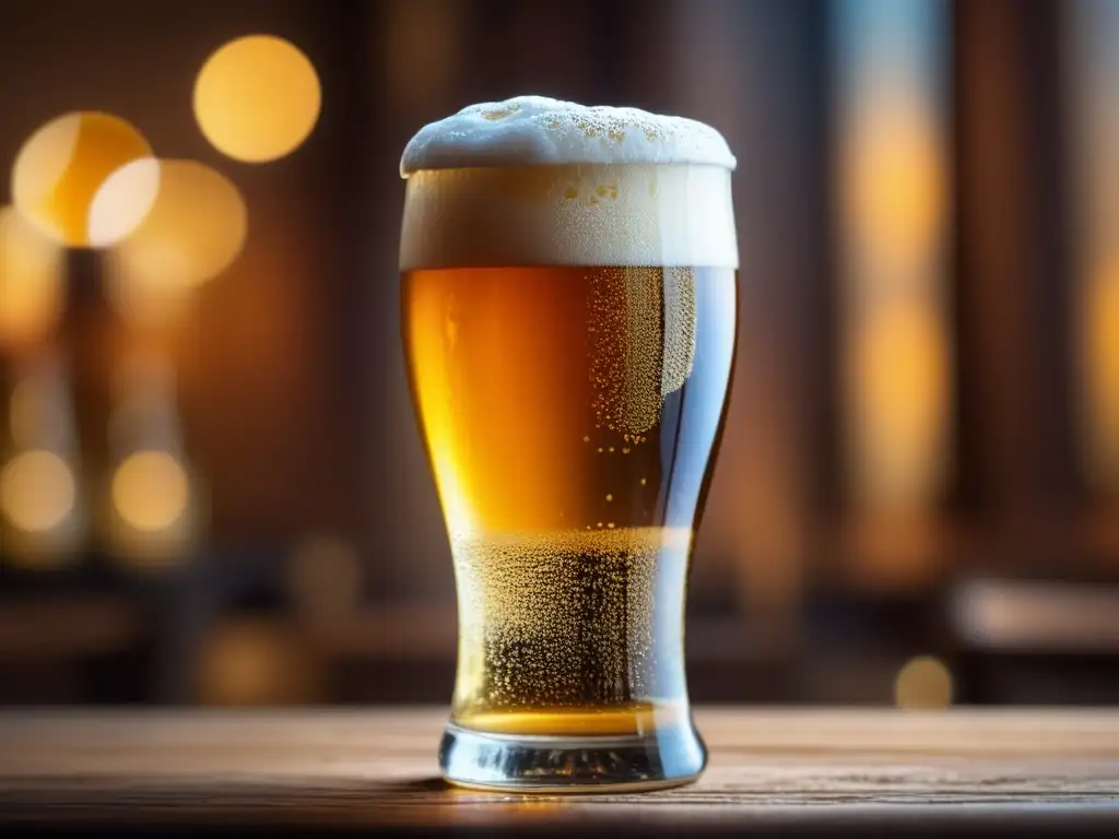 Cerveza dorada con espuma y rueda de sabores en mesa de madera