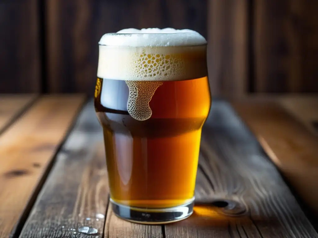 Closeup cerveza Double IPA dorada en vaso de vidrio sobre mesa rústica