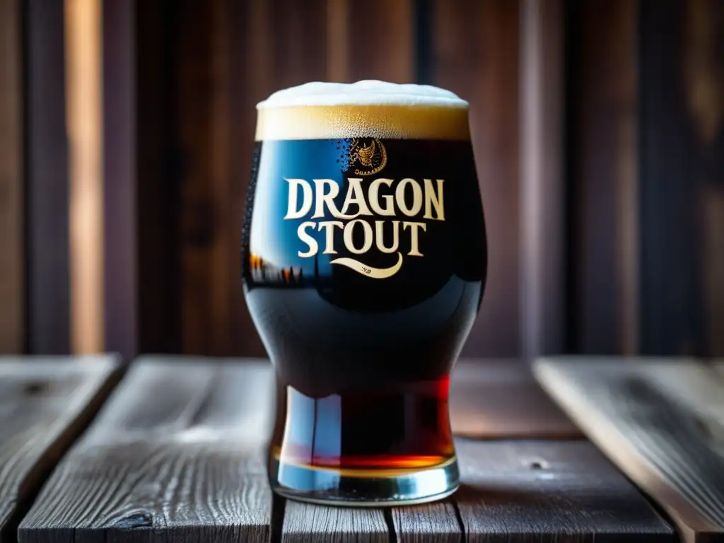 Un vaso de Dragon Stout en una mesa de madera, con su espuma cremosa y burbujas, resaltando su color mahogany