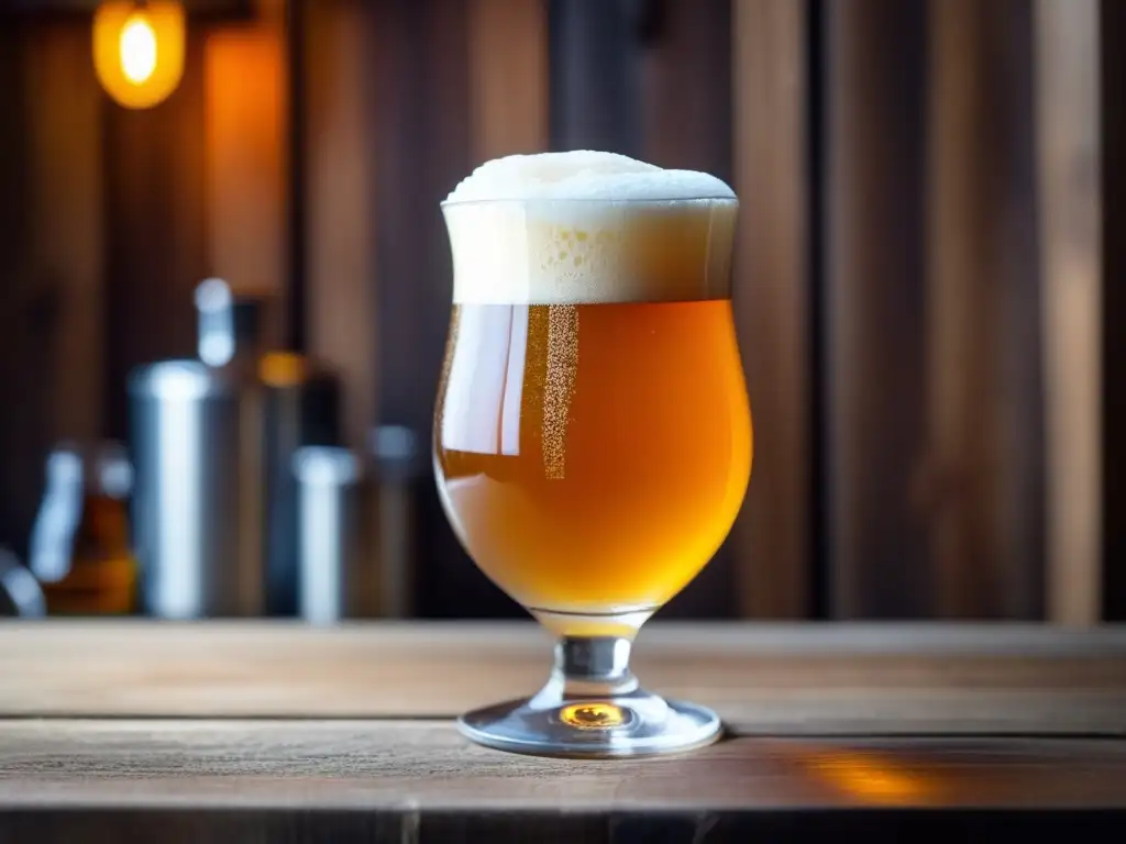 Cerveza Duvel: Elegancia dorada en tulipa Cerveza Strong Pale Ale dorada y espumosa en copa tulipa de madera rústica -