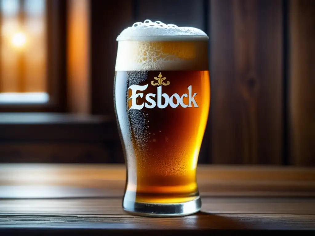 Cerveza Eisbock congelada en vaso de vidrio Cerveza Eisbock ámbar en vaso congelado sobre mesa de madera, con condensación y detalles intrincados
