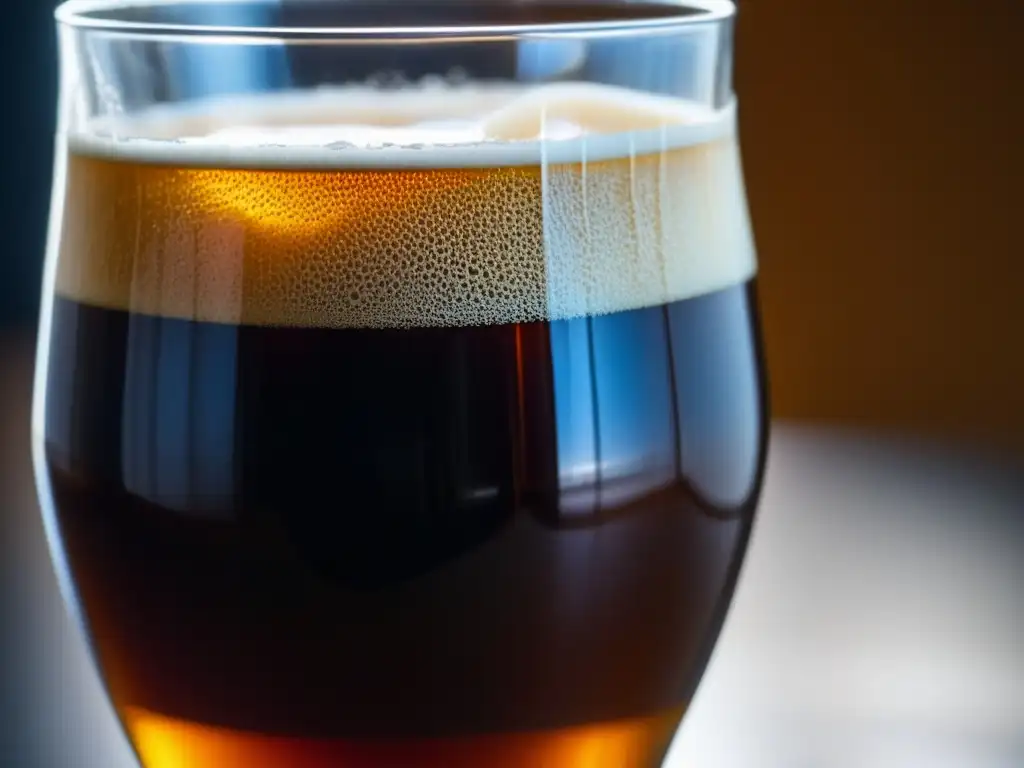 Cerveza Eisbock: rico color marrón oscuro Cerveza Eisbock oscura y cautivadora, con burbujas y espuma beige