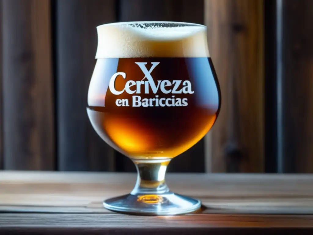 Cervezas envejecidas en barricas de roble: Elegante y sofisticada imagen de una cerveza ámbar con espuma cremosa en un vaso sobre una mesa rústica