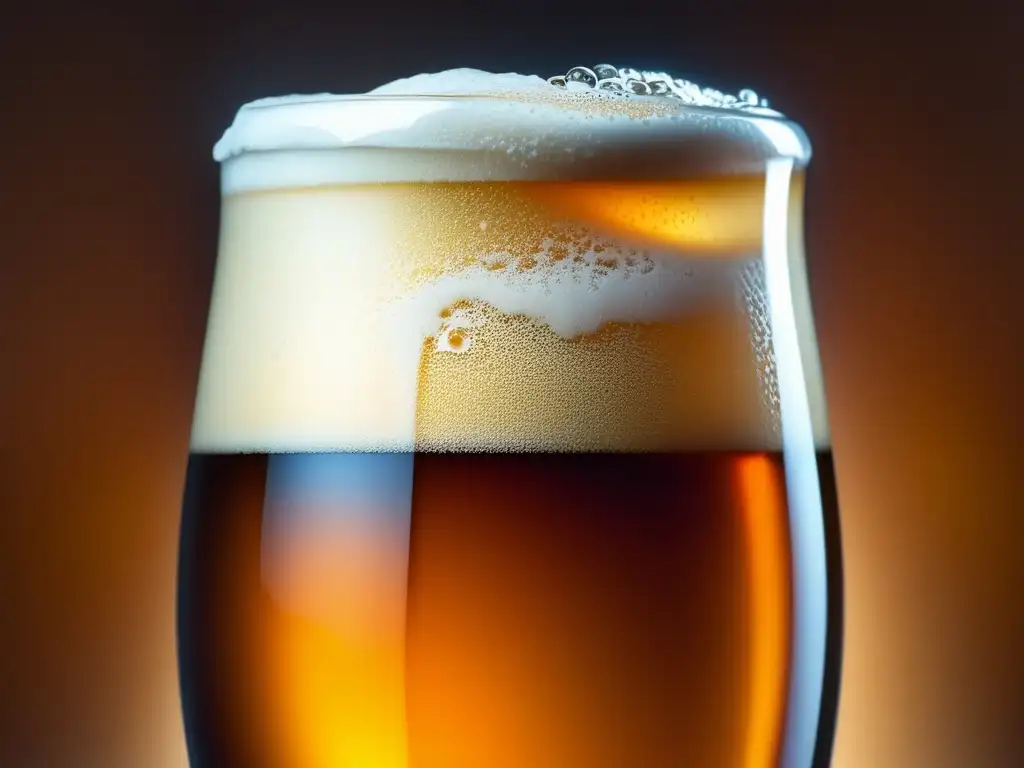 Cerveza envejecida en vaso, rica y elegante Técnicas de Maduración: Cerveza ámbar envejecida, burbujas, textura y sedimento en vaso