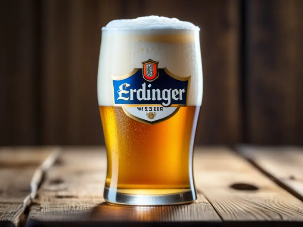 Cerveza Erdinger Weissbier en vaso de vidrio Imágen de Erdinger Weissbier en vaso de vidrio con condensación y espuma blanca Weizenbier