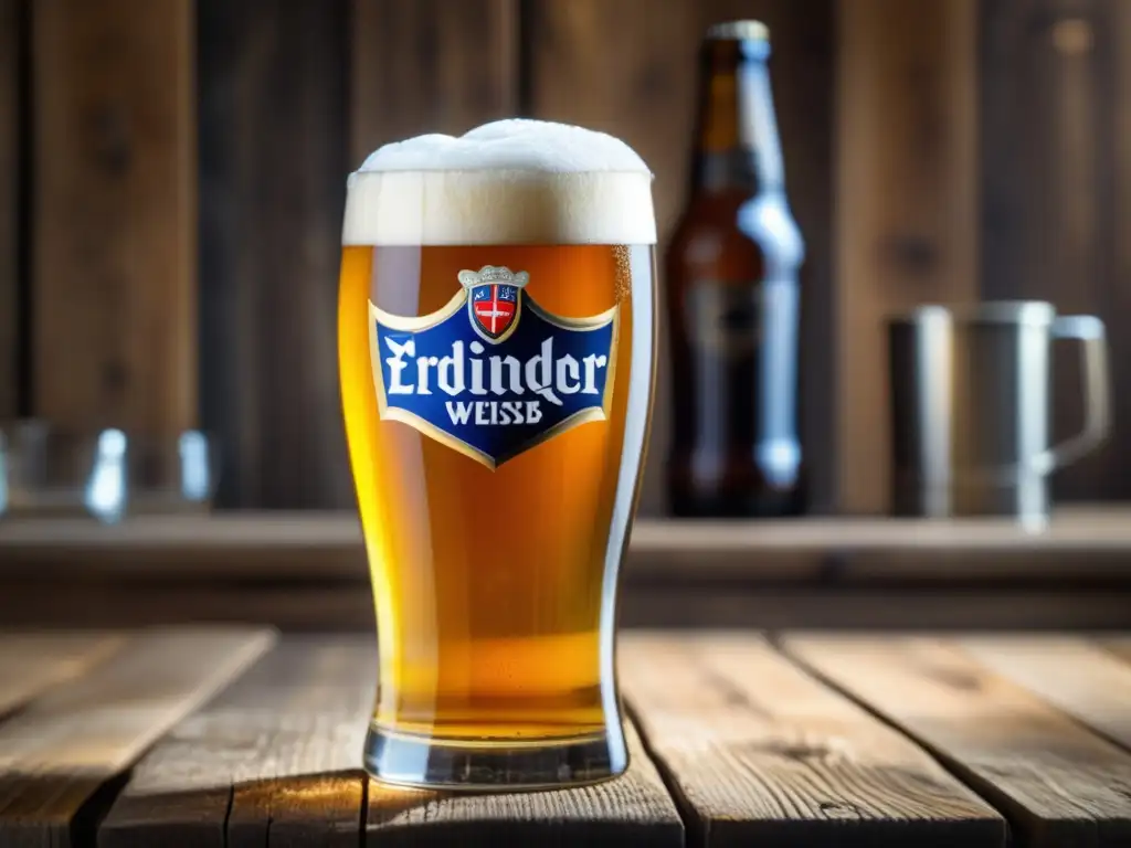 Cerveza Erdinger Weissbier Kristallklar en vaso de cristal Cerveza Krystal Weizen en vaso de cristal limpio con burbujas y cabeza blanca en mesa rústica