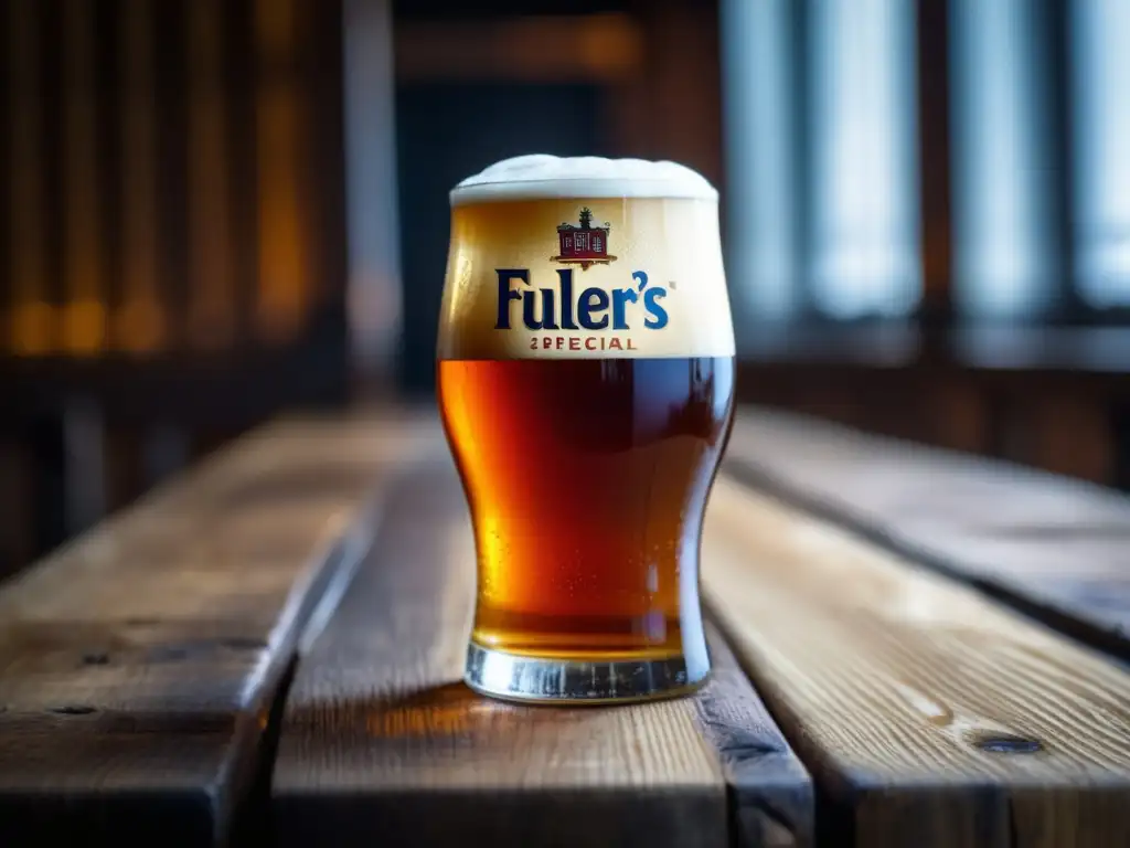 Cerveza Fuller's ESB en vaso de vidrio, color ámbar y espuma cremosa, en mesa de madera rústica