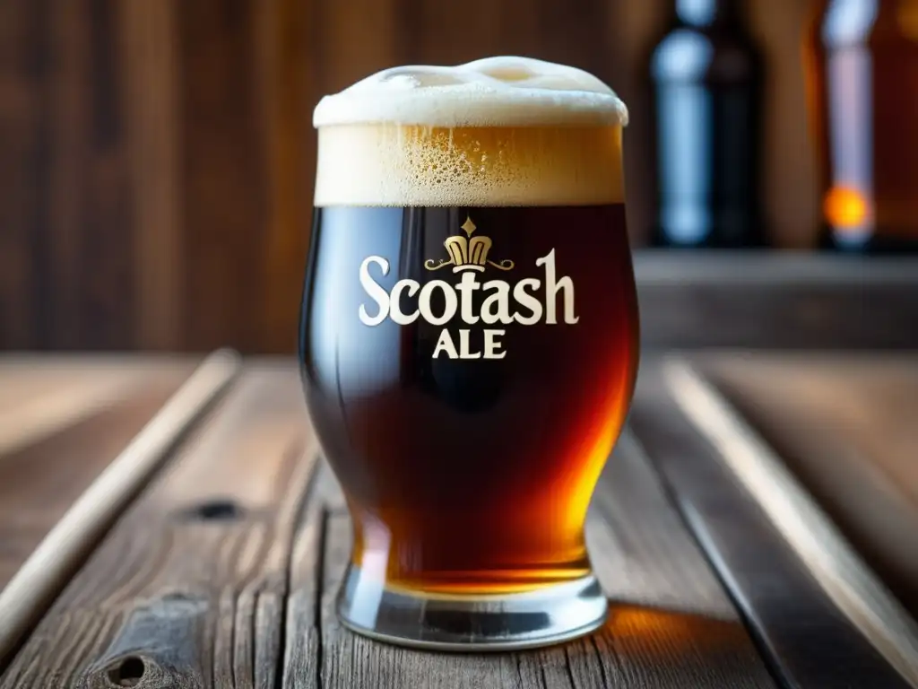 Cerveza escocesa con espuma cremosa y tonos cálidos en mesa de madera