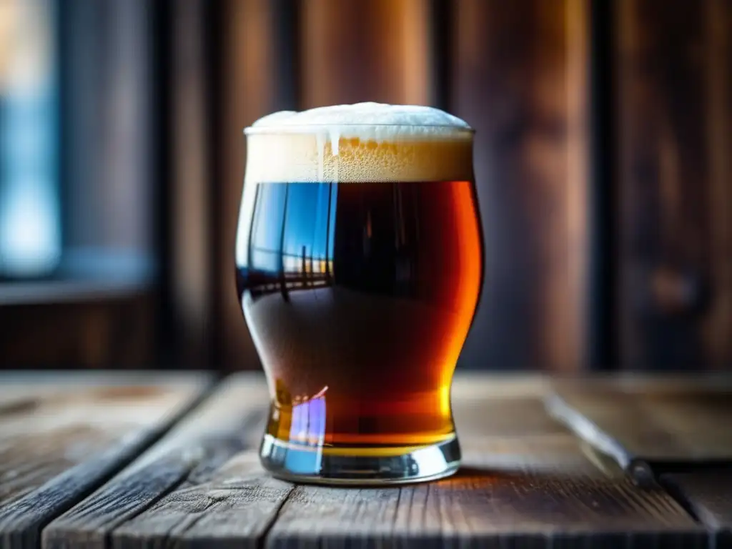 Cerveza escocesa con espuma cremosa y tonos cálidos