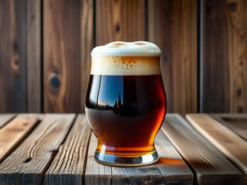 Cerveza escocesa ámbar en vaso de vidrio con burbujas y espuma cremosa