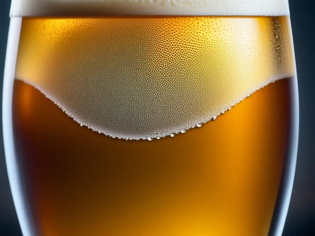 Cerveza artesanal con burbujas y condensación Cerveza con espuma y condensación, destacando burbujas y textura