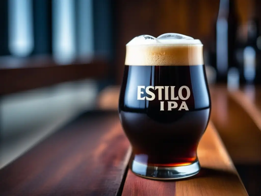 Detallada imagen macro de una cerveza Estilo Black IPA en un vaso limpio sobre una mesa de madera