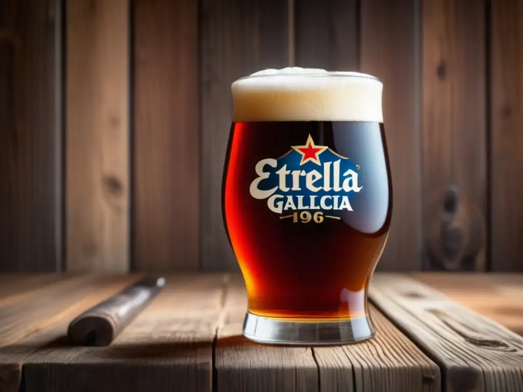Cerveza Estrella Galicia 1906 Red Ale en vaso de cristal, detalles en 8k