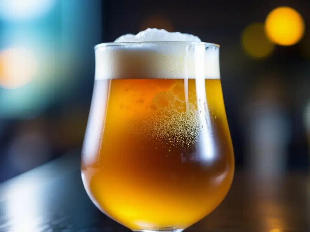 Cerveza experimental vibrante y espumosa Cerveza experimental dorada con espuma y burbujas, adornada con cítricos -