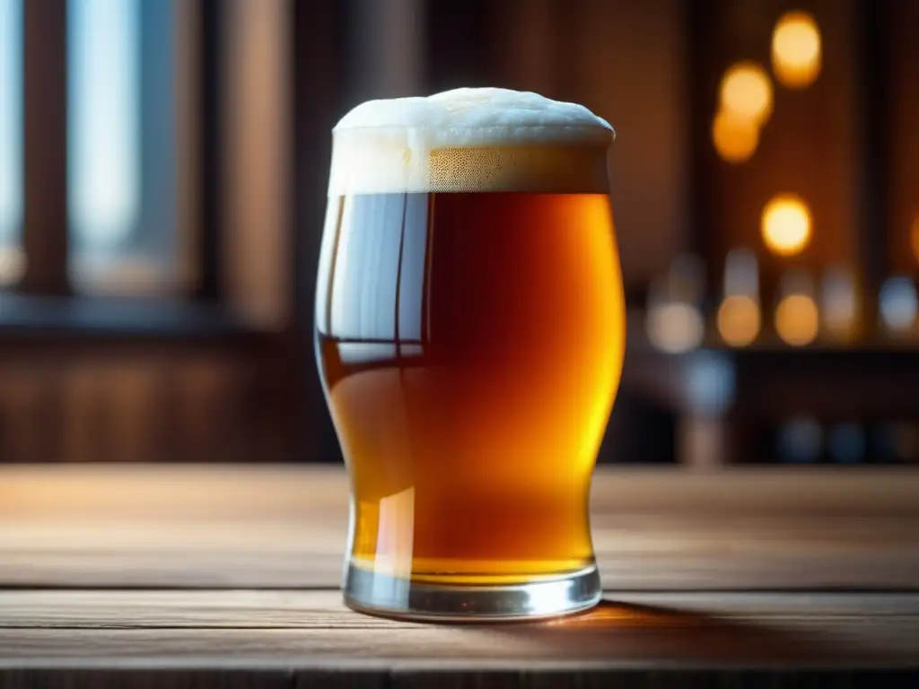 Imagen detallada de una cerveza Extra Special Bitter en vaso de vidrio, con luz suave que resalta el color ámbar y la espuma cremosa