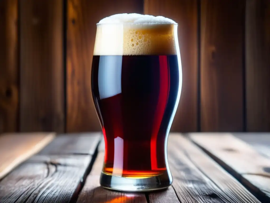 Cerveza Flanders Red Ale en vaso de cristal Vista cercana de una exquisita Flanders Red Ale en vaso sobre mesa de madera