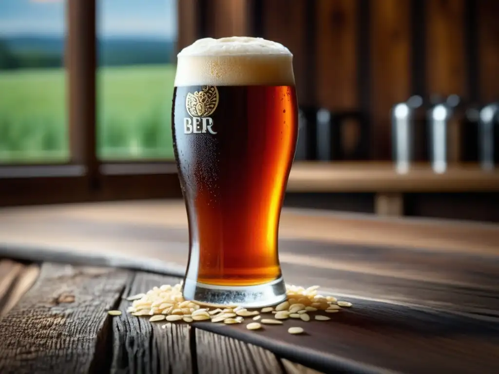 Imagen detallada de una cerveza Fort Oatmeal Red Ale ámbar, con condensación en vaso de vidrio sobre mesa de madera rústica