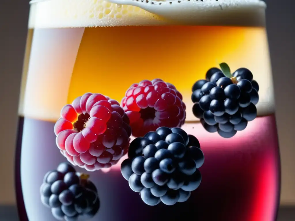 Cerveza con frutas del bosque Cervezas de Fermentación Espontánea y Frutos del Bosque con una vista detallada de una cerveza con espuma y frutos rojos sumergidos