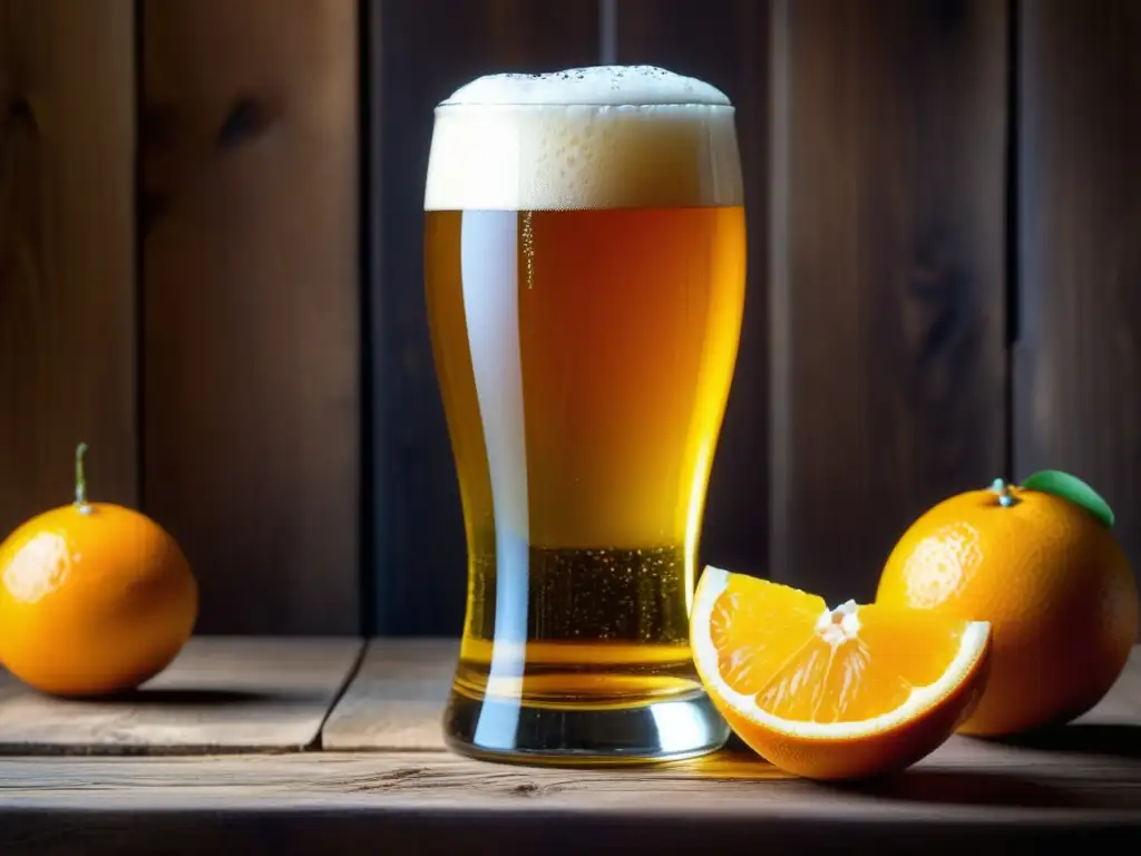 Imagen de una cerveza en una mesa de madera con frutas, flores y hierbas - Olfato y degustación