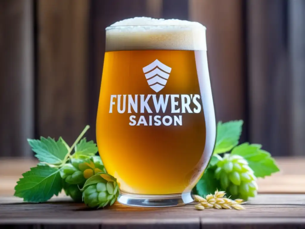 Funkwerks Saison en mesa rústica Detallada imagen de una cerveza Funkwerks Saison en vaso, rodeada de lúpulos verdes y cebada dorada