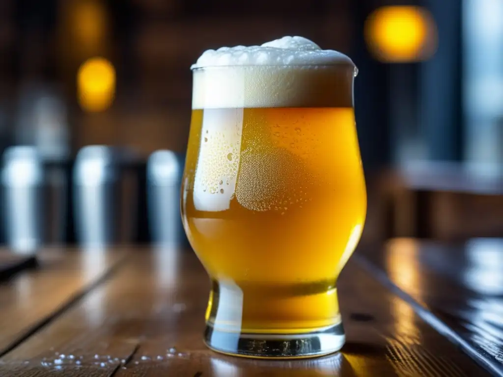 Cerveza Gose amarilla con espuma blanca y burbujas, en mesa de madera con condensación