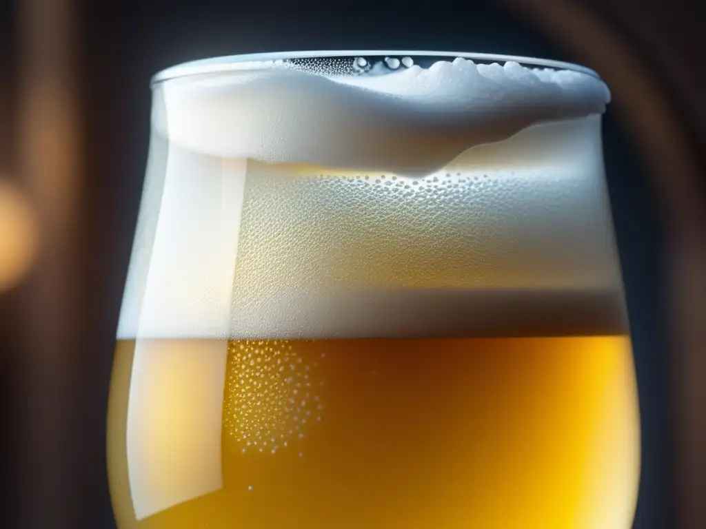 Ultra detalle de una cerveza Gose con sal y limón Tendencias Cerveceras: Detallada imagen de una cerveza Gose en vaso, con espuma cremosa, burbujas y adornos de sal y lima