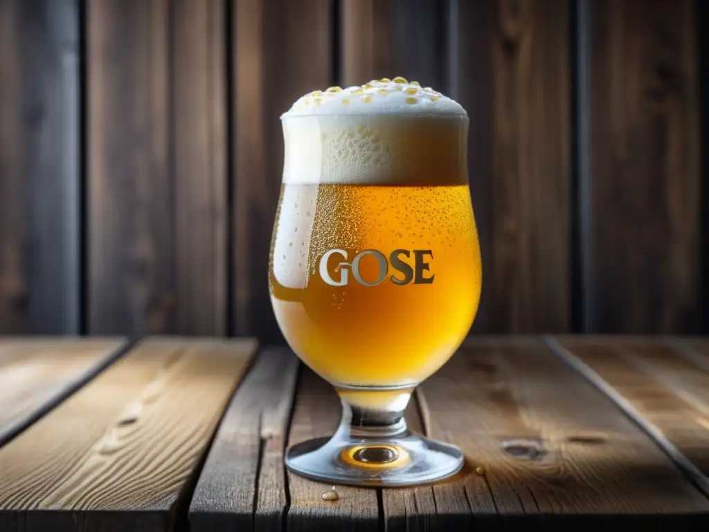 Deliciosa cerveza Gose dorada en vaso de vidrio con textura y burbujas, rodeada de granos de cebada