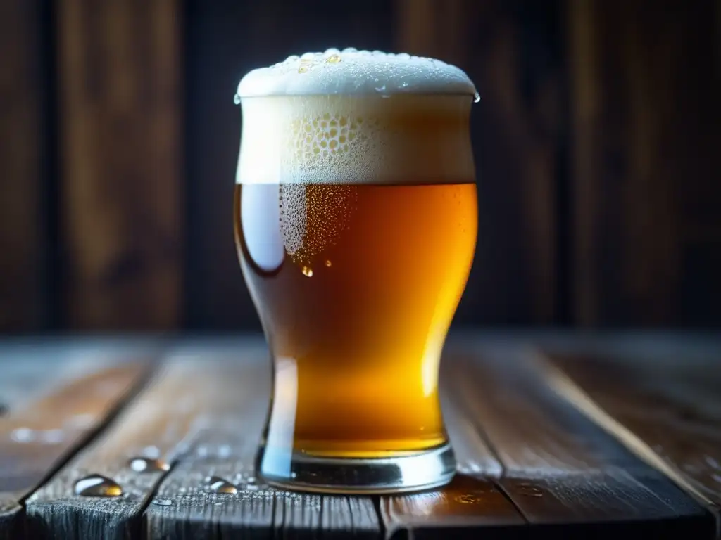 Cerveza gruit ámbar con espuma cremosa en vaso de cristal rústico