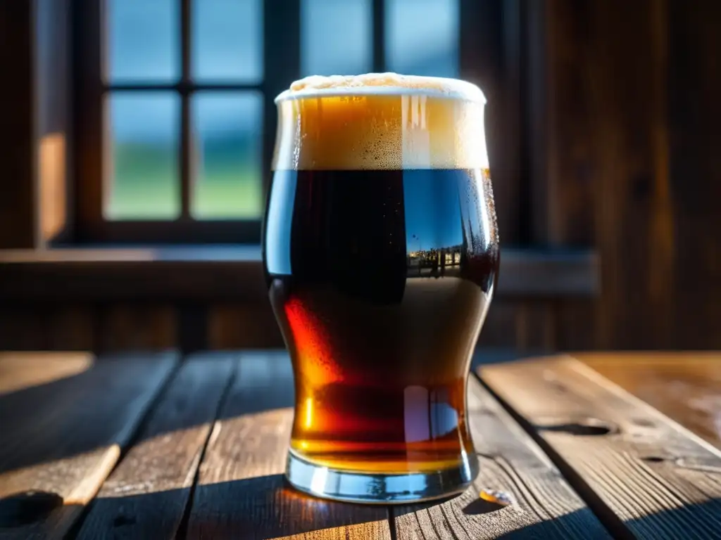 Cerveza Gruit ámbar en vaso de vidrio, resalta su color y carbonatación
