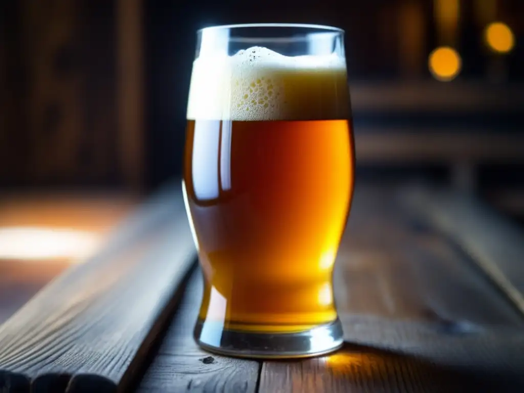 Cerveza Gruit ámbar con espuma cremosa y detalles botánicos -