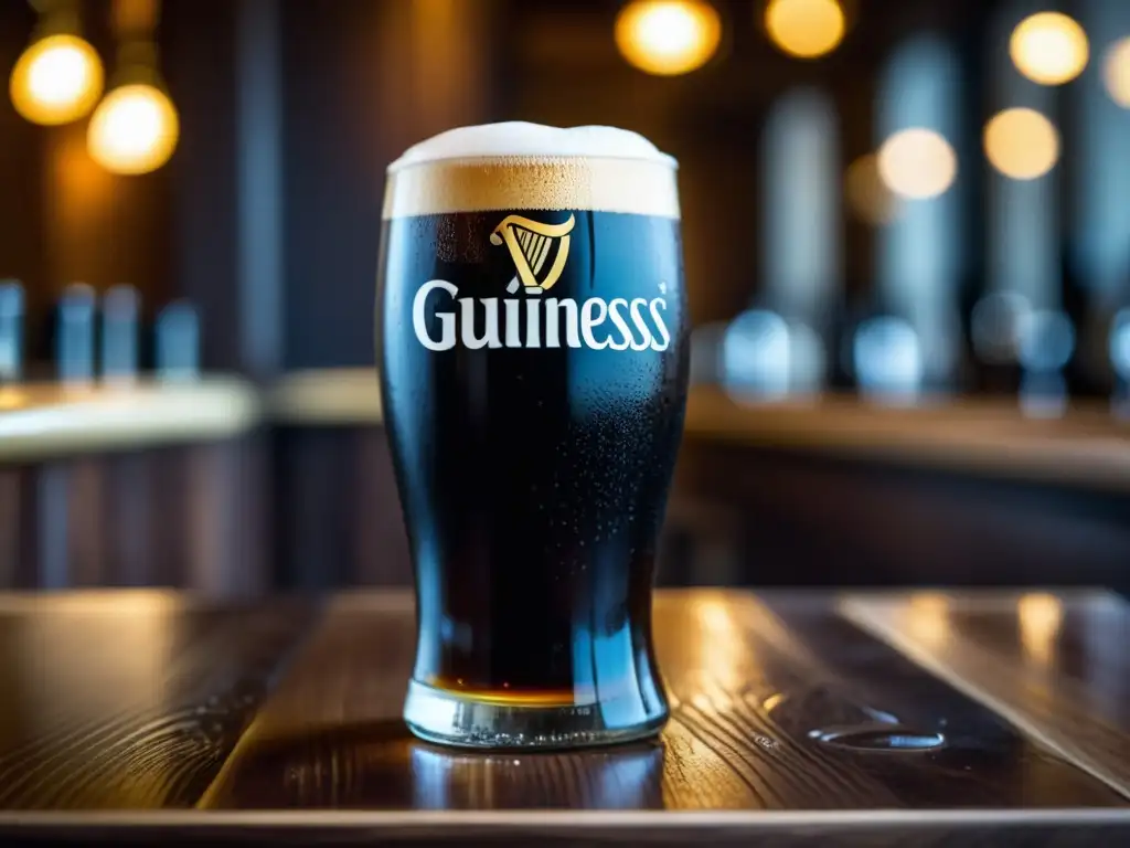 Cerveza Guinness: color oscuro y espuma cremosa Detalle de una cerveza Guinness, con su color oscuro y espuma cremosa