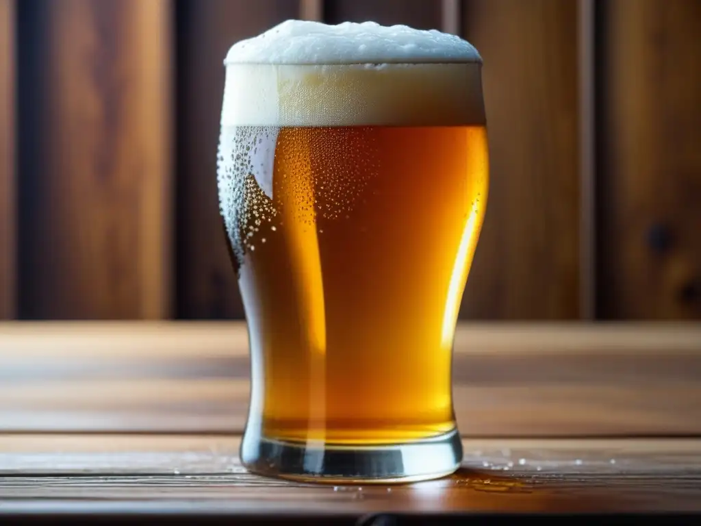 Cerveza fresca en vaso de vidrio Cerveza de calidad con condensación en vaso sobre mesa de madera