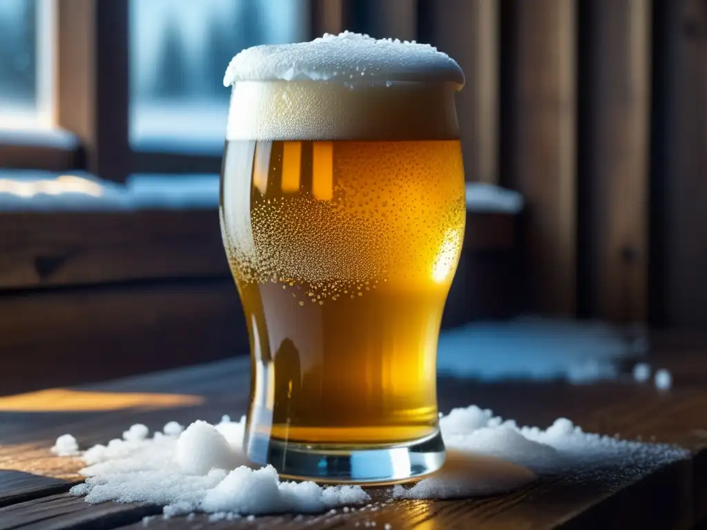 Imagen de cerveza Snow Beer en vaso helado sobre mesa de madera, con condensación y espuma cremosa