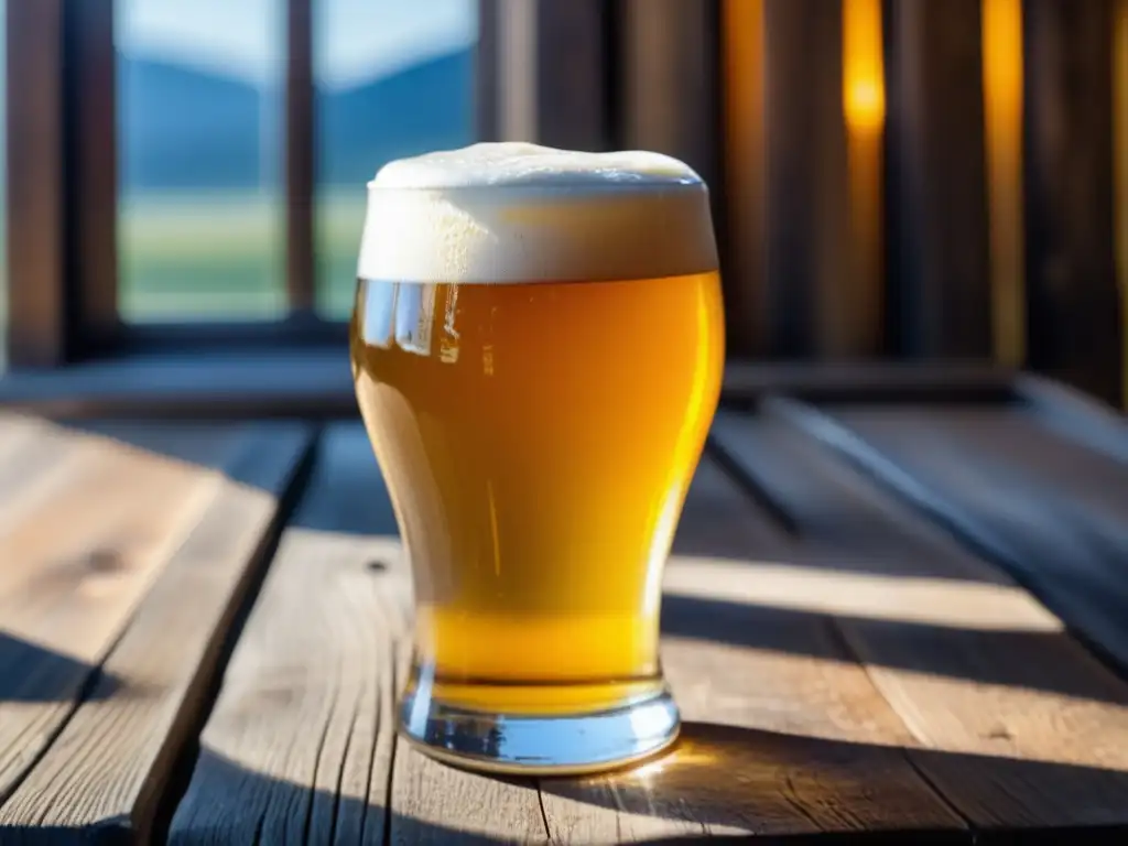 Cerveza Helles perfectamente servida Cerveza Helles perfectamente vertida en una mesa de madera rústica, iluminada por luz natural suave