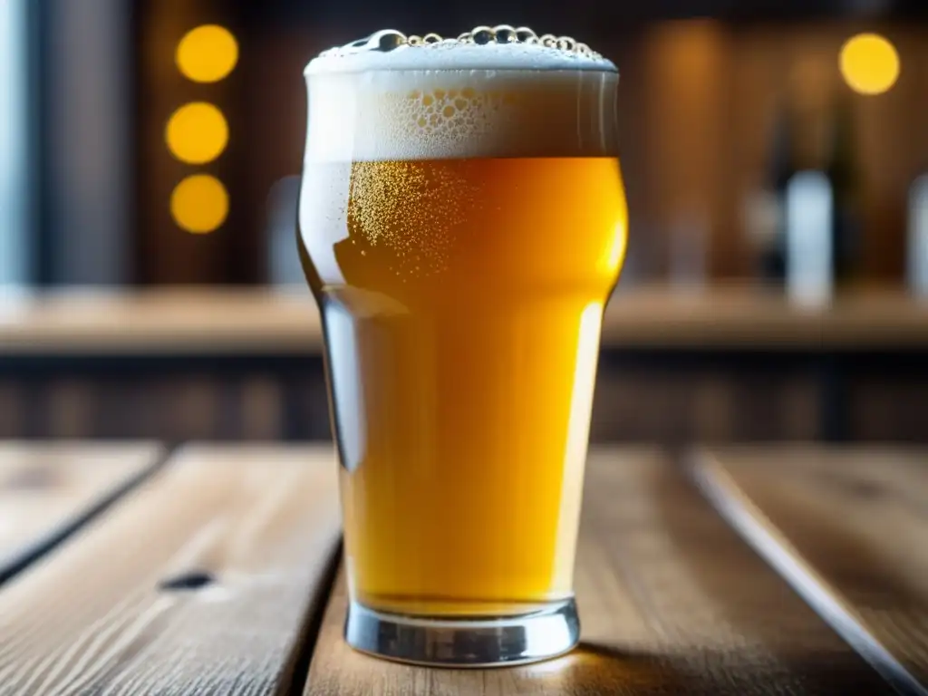 Cerveza Helles: burbujas doradas Cerveza Helles dorada, clara y efervescente en vaso de pintura, sobre mesa de madera condensada