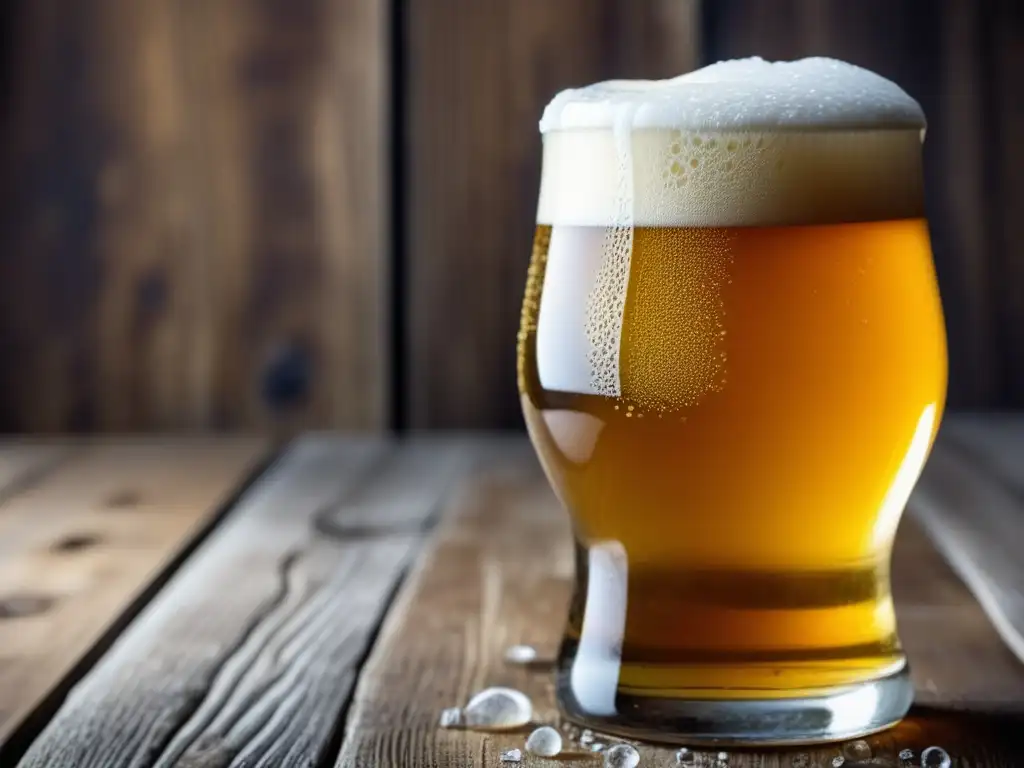 Helles cerveza dorada en mesa rústica Cerveza Helles en vaso de vidrio, dorada y espumosa, rodeada de ingredientes de su elaboración