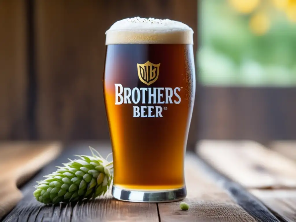 Pinta dorada de Brothers Beer en mesa rústica - Bares en Auckland