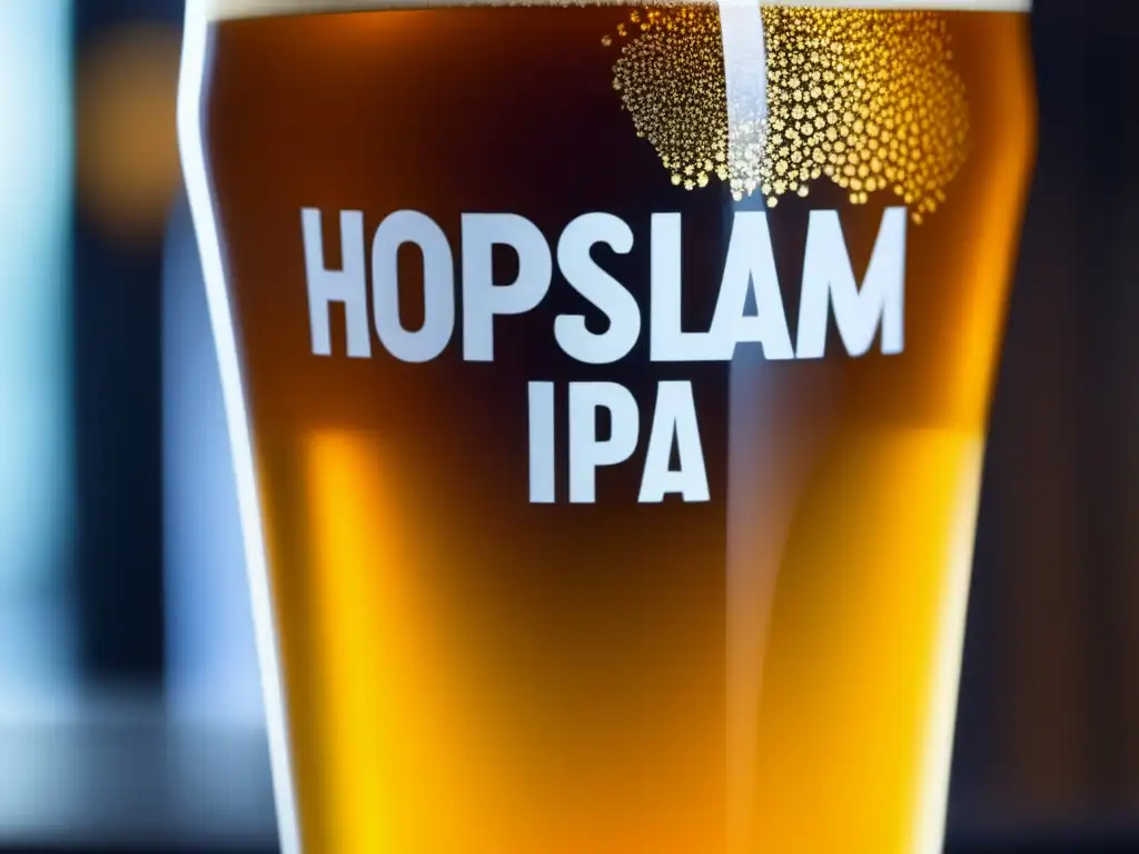 Cerveza Hopslam IPA Imperial - Detalles exquisitos de la cerveza dorada con burbujas y espuma -